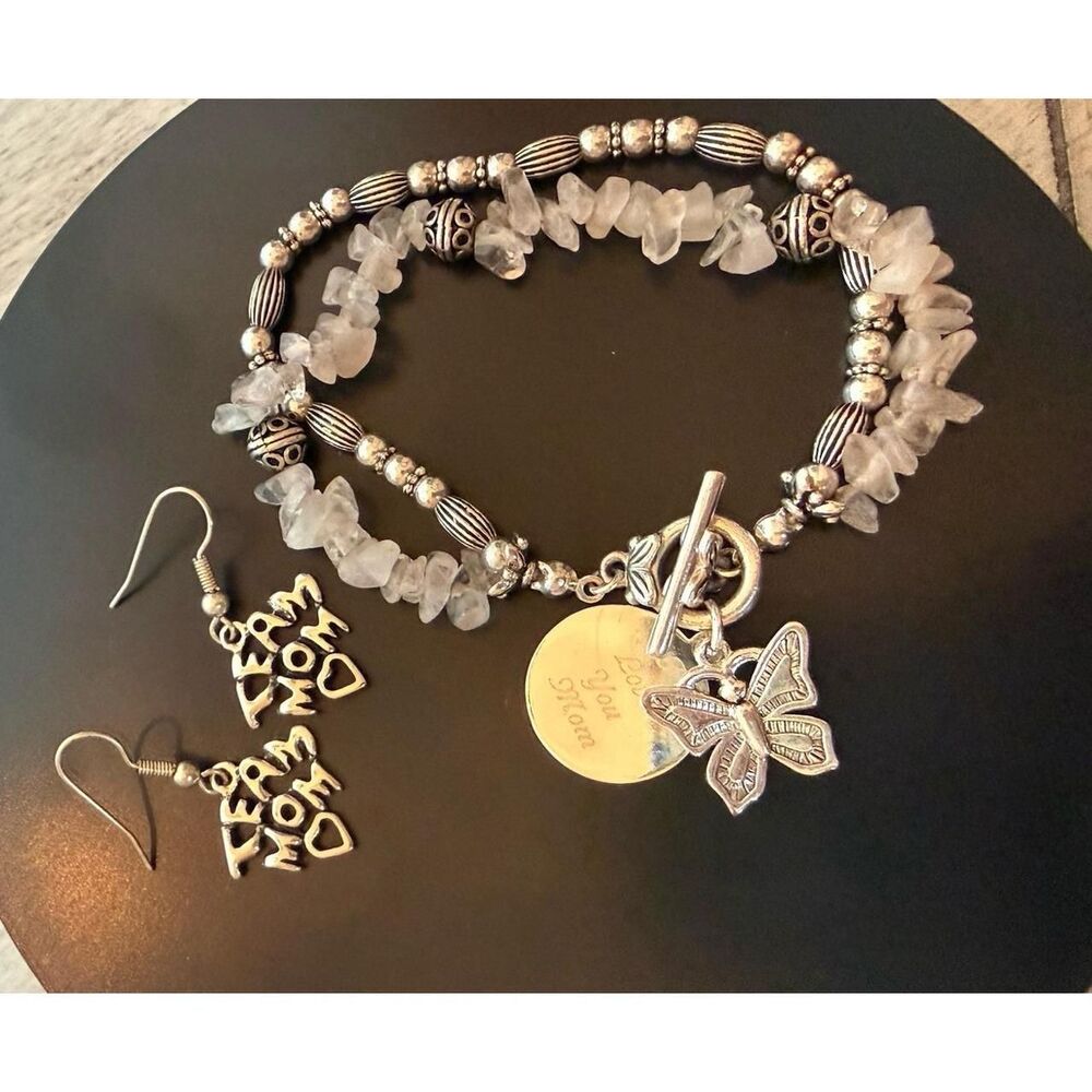 Rose Quartz Chip Bracelet and I Love Mom Earring Set Silver Tone Butterfly Charm